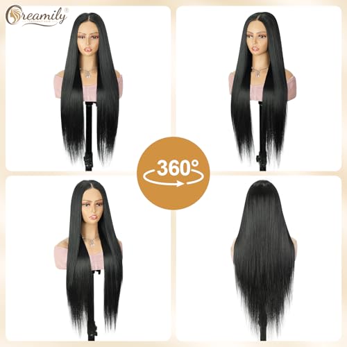 Image of Creamily 5x5 Straight Lace Front Wigs Wear and Go Glueless Wigs Pre Plucked Pre Cut Long Black Wig HD Lace Closure Wig 31 Inches Synthetic Hair Wig