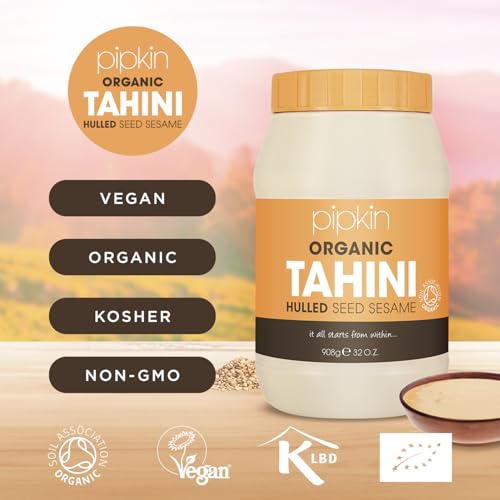 Pipkin 100% Organic Tahini Paste 908g – Roasted and pressed Ethiopian Sesame Seeds - All Natural, Kosher, Vegan, Non-GMO