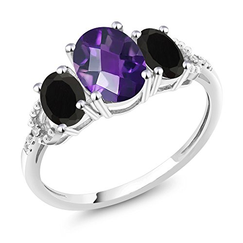 Gem Stone King 10K White Gold Checkerboard Purple Amethyst & Black Onyx with Diamond Accent 3-Stone Women Engagement Ring (1.83 Cttw, Gemstone Birthstone, Available in size 5, 6, 7, 8, 9)