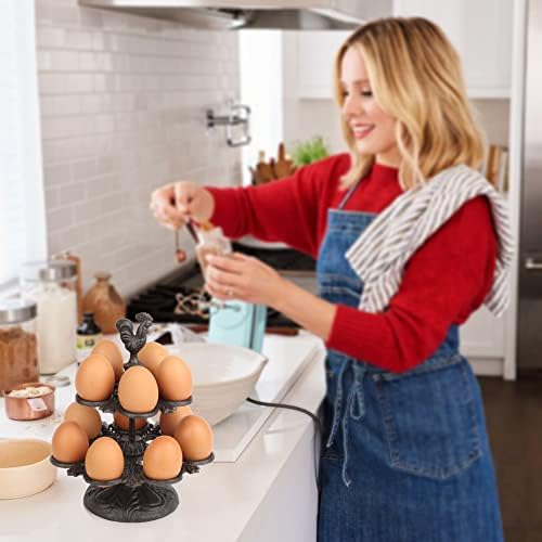 HofferRuffer Cast Iron Egg Holder for Kitchen Countertop Egg Storage, Vintage Egg Basket Rooster Design Rustic Egg Rack Hold up to 12 Eggs, Black