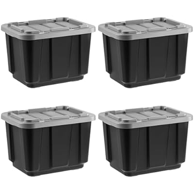 IRIS USA 12 Gallon Heavy Duty Truck Bed Toolbox Storage Tote Bins with Lids, 4 Pack - Made in USA, Tough Snap On Lid Stackable Industrial Rugged Tubs, Garage Organization, Reusable Box - Gray