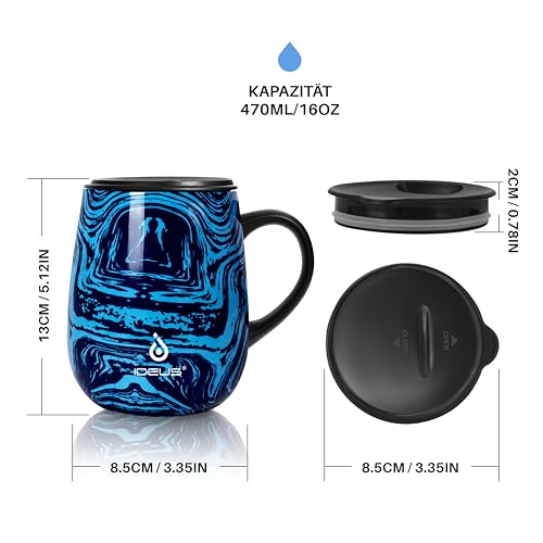 Ideus Kaffeebecher 470 ml (16 oz), doppelwandige vakuumisolierte Kaffee- und Teetasse aus Edelstahl mit rutschfestem Griff und… – Ansicht 5
