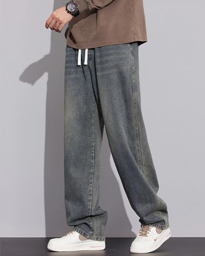 Men's Elastic Waist Loose Fit Denim Pants Y2k Hip Hop Streetwear Baggy Jeans Casual Drawstring Denim Pants Trouser4