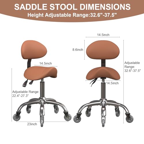 Image of Saddle Stool with Back Support, 350LBS Ergonomic Rolling Chair, Brown | 350 LBS Load, Height Adjustable, 360 Swivel Casters, Ergonomic Backrest, Multi-Use for Salon, Tattoo, Spa, Dentist