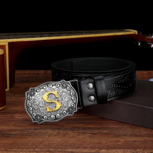 Image of Mens Western Cowboy Cowgirl Faux Leather Belt Longhorn Bull Pattern Letter Big Buckle Embossed Floral Belts