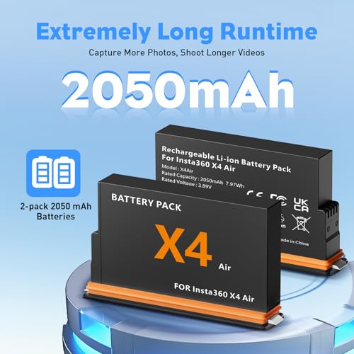 Treeboy Insta 360 X4 Air Batteries(2 Packs) with Fast Charge Hub 24W Dual Fast Charging Case w/LCD Display Shows Battery SOC