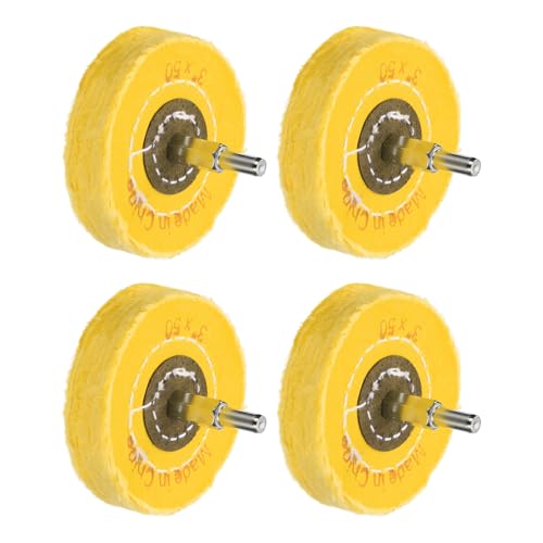uxcell 3-Inch Buffing Polishing Pad Wheel Cotton with 15/64-inch Handle for Manifold Aluminum Stainless Steel Chrome Yellow 4 Pcs