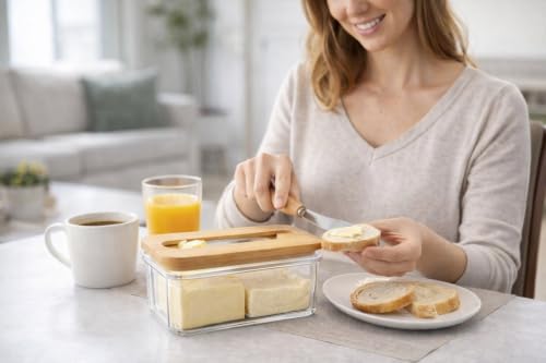 Image of Premium Butter Dish with Lid for Countertop - Covered Holder with Knife for Refrigerator, Airtight Keeper Container Storage with Silicone Sealing for East West Coast Butter, White