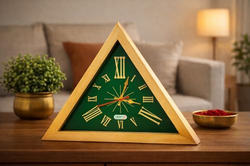 Image of Vastu Compliant Triangle Wall Clock | Modern Wooden Wall Clock for Living Room, Office & Home Decor - Natural Wood