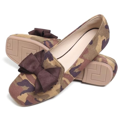 Image of WENJIAZHIZHI Square Toe Bow Ballet Slip-On | Classic Suede Finish,Chic Bow Detail,Effortless Everyday Style,Wedding Party Office,Plus Size Available