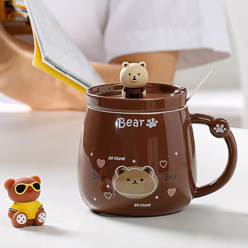 Image of BonZeal Aesthetic Brown Teddy Bear Mug with Lid & Spoon (380 ML) | Ceramic Coffee Mug | Unique Birthday Gift, Return Birthday Gift, Rakhi Gift for Brother | Panda Mug Style Mugs for Coffee