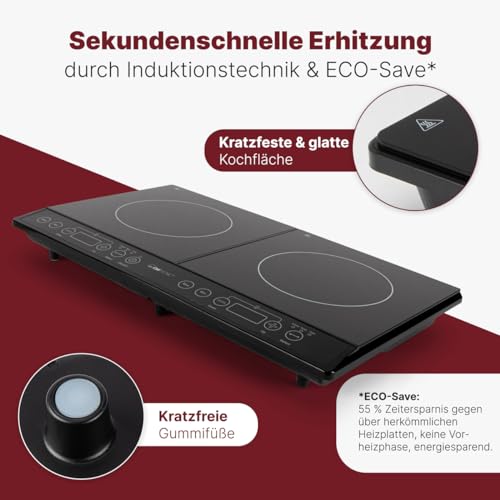 Placa doble de inducción Clatronic® | Placa de inducción con tecnología ECO-Save | Placa doble con detección automática de ollas | Placa con panel de control táctil con sensor | DKI 3609 - imagen 2
