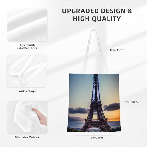 Eiffel Tower Print Reusable Canvas Tote, Shopping Bag With Handles For Daily And Grocery Use3