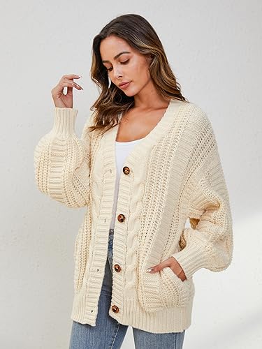 YKR Cardigan Sweaters for Women Oversized Chunky Open Front Lantern Sleeve Knit Button Down Sweaters Fall Winter 20242