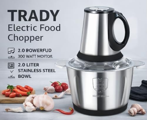 Image of TRADY Electric Food Chopper 3-Speed Stainless Steel Vegetable Chopper | 4D Blade Technology | Multipurpose Meat Grinder, Vegetable Cutter, Egg Beater | 2L Bowl | Powerful Motor Kitchen Processor