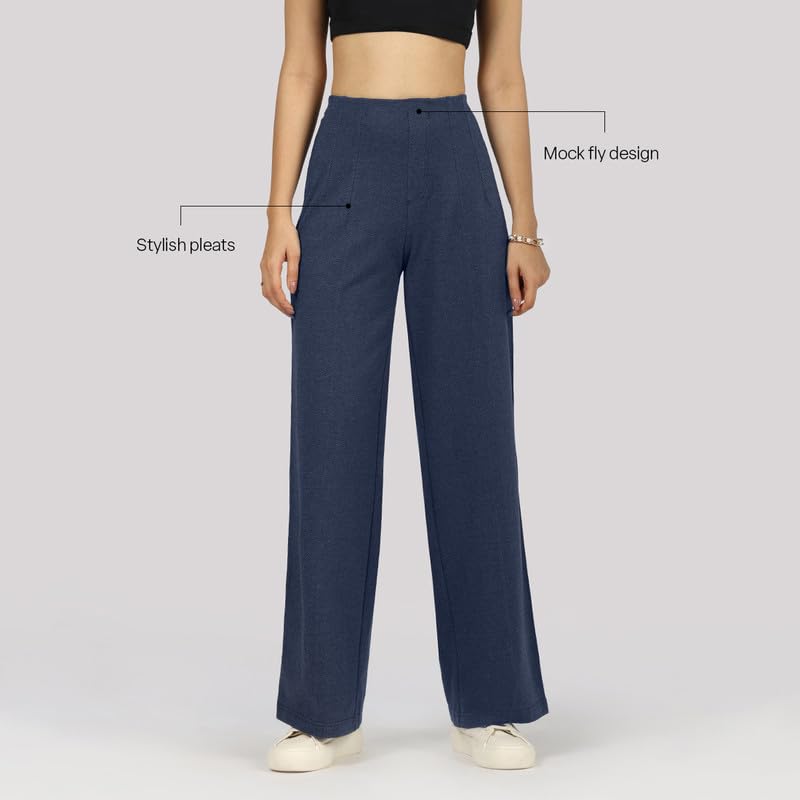 Image of BlissClub Womens Work-to-Wine Twill Wide Dart Pants Insanely Breathable Elasticated Waistband 2 Pockets Mock Fly | Wide Silhouette Stylish Pleats