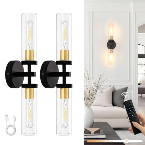 Image of Shenmoyl Set of 2 Wall Sconces, 7800 mAh Battery Operated Wall Sconce with 3 Colors & Remote Control, Black Gold Rechargeable Wall Lamp with Clear Glass Shade for Bedroom, Bathroom, Stairwell, Hallway
