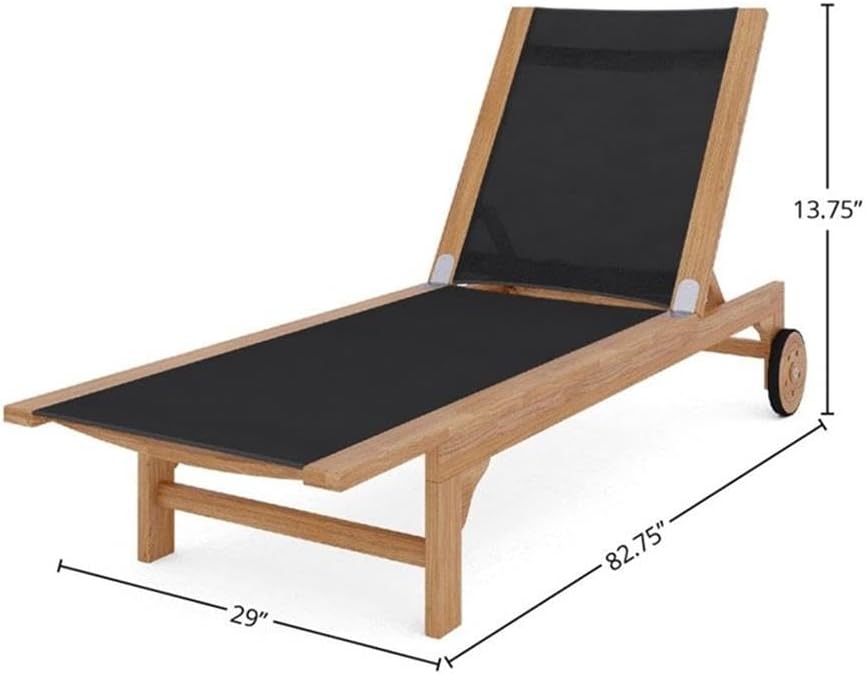 Pemberly Row Teak Outdoor Reclining Sunlounger, Black Finish, 22.75" Wide x 52" Deep x 13.75" High, Durable Slated Design with Wheels, Hand-Sanded Premium Teak Frame, Patio or Poolside Lounger