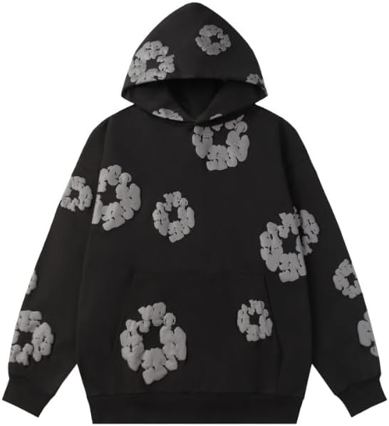 Y2K Men's and Women's Street Vintage foam Print Pullover Hoodie, Casual Loose Pocket Hip Hop Sports Top