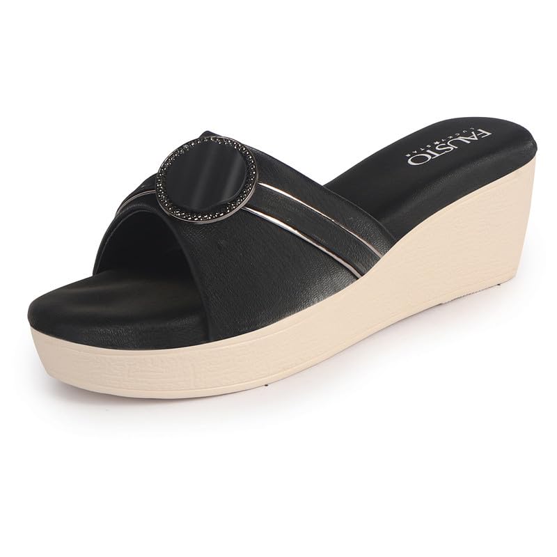 Image of FAUSTO Women Buckle Design Wedge Heel Sandals | Comfortable Slip-On Platform Slides For All Day Wear, Casual and Party | Soft Cushioned Insole