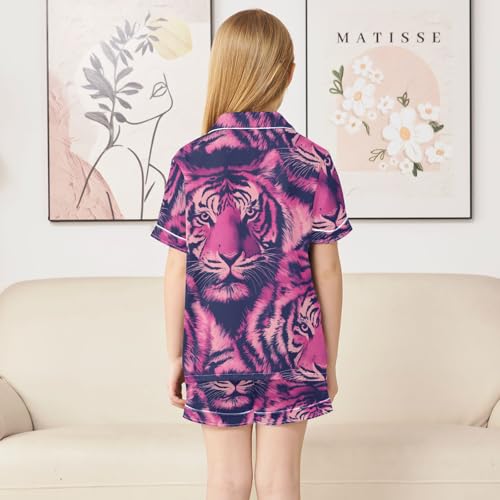 Satin Pajama Sets Short Sleeve Bold Pink Tiger Pattern Button Down Silky Nightwear 2 Piece PJS 5-14Y4