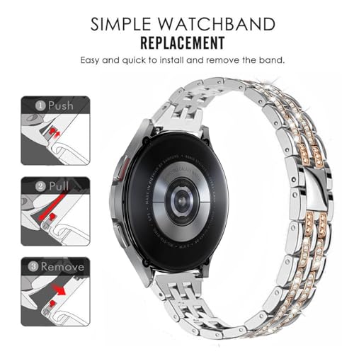 DEALELE Paski kompatybilne z Samsung Galaxy Watch 7 / FE / 6 / 6 Classic / 5 Pro / 4/4 Classic/Huawei GT3 / GT2 42 mm, 20 mm błyszczący diamentowy metalowy pasek zastępczy dla kobiet mężczyzn, różowe