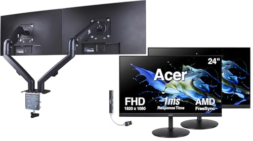 Image of Acer 24 inch FHD IPS Monitor with 1ms Response Time, AMD FreeSync, Anti-Glare, Built-in Speakers, 250 nits Brightness, VESA Mount (100mm), HDMI, VGA, Black 2 Pack w /DKZ Hub & ErgoFlexy Dual Mount Arms