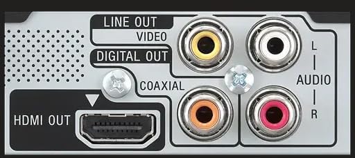 Rear panel of the Sony DVPSR510H DVD Player showing HDMI, coaxial, and RCA ports