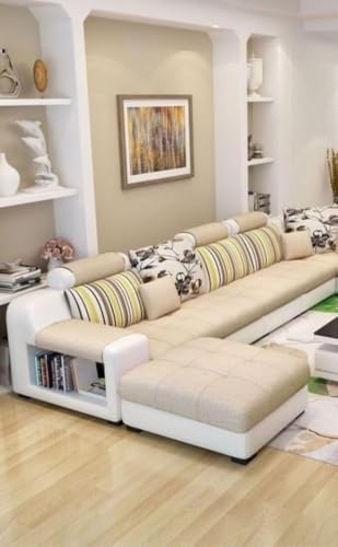 Image of Torque - Callister 12 Seater Interchangeable Sofa for Living Room (Left Side, Beige & White) | Large U Shape Fabric Sofa Couch with 4 Puffy & Storage | 1 Years Warranty