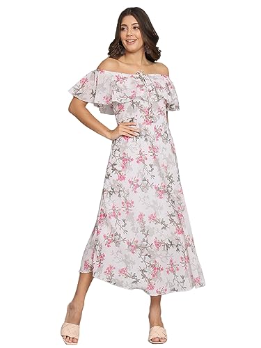 Image of HELLO DESIGN Women Off-Shoulder Floral Printed Georgette A-line Maxi Dress