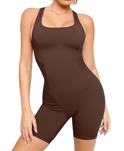 Popilush Shapewear Romper Shorts Romper for Women Bodycon Jumpsuit Workout Romper Racerback Brown M - image 1