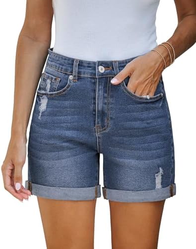 Vetinee Damen Jeans Shorts Ripped High Waist Sommer Baggy Kurze Hose
