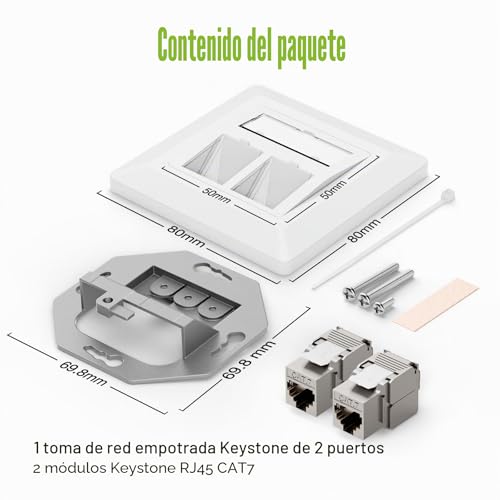Miniatura 7 de Leenue 1 Toma De Red Cat 7 De 2 Puertos Empotrada 2 Módulos Keystone Rj45 Cat 7, Enchufe Lan Ethernet Hembra 10 Gbps, Color Blanco
