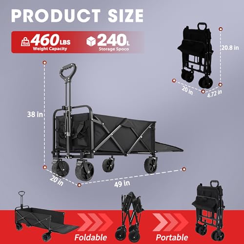 240L Capacity Foldable Wagon with Brakes, 49" Extra Long Extender Wagon Cart 460lbs Heavy Duty Collapsible Utility Cart with All-Terrain Big Wheels for Camping, Shopping, Beach by Ecogou - Used condition - Image 2