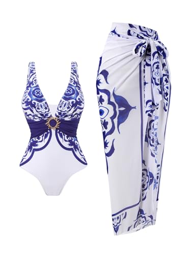 SherryDC One Piece Swimsuit with Cover up Wrap Skirt Sarong Floral Print Plunge V Neck Bathing Suit for Women