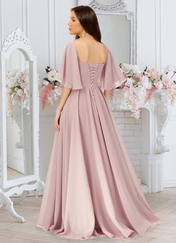 Women's Flutter Sleeves Chiffon Bridesmaid Dresses Long with Slit Ruched A Line Formal Dress with Pockets VS1752