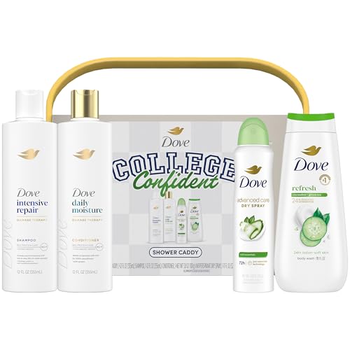 Dove Shower Caddy College Confident Gift Set Cucumber & Green Tea Body Wash Intensive Repair Shampoo Daily Moisture Conditioner Cool Essentials Deodorant for Women (5 Piece Set)