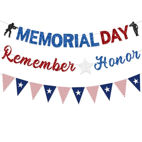 FHGG Pre-Strung Memorial Days Banner Decorations Glitter Blue Red Sliver Remember and Honor Garland 4th of July Day Patriotic Decorations for Office Home Outdoor Indoor Party NO DIY