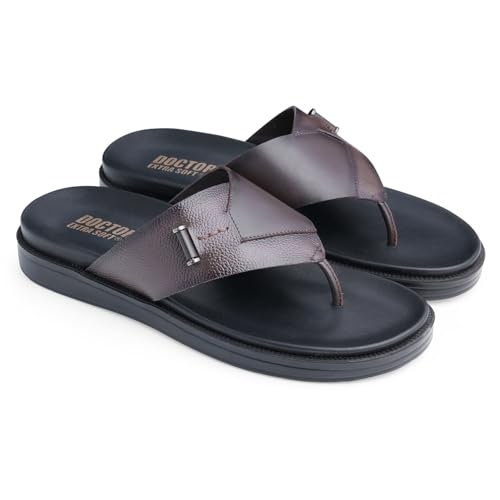 Image of DOCTOR EXTRA SOFT Men's Classic Casual Original Leather Thong Black /Brown Sandals /Chappals with Memory Foam Cushion| Stylish & Non-Slip|Comfortable & Lightweight |Flip flops Slippers Gents & Boys F-2