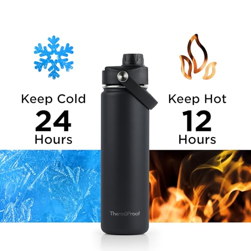 Image of ThermoProof Double-Walled Vacuum Insulated Stainless Steel Water Bottle - Wide Mouth with Chug & Spout Lids, Dishwasher Safe, Reusable, Leakproof, Hot & Cold for Men, Women & Kids - 22oz, Black