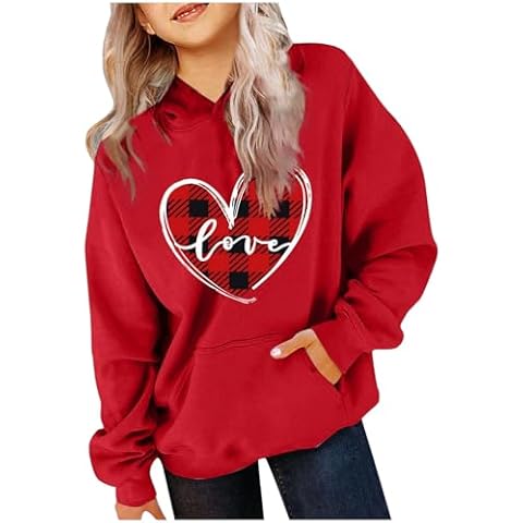 TYISZIL valentine day shirts for girls Valentine Hoodies Girls Oversized Long Sleeve Sweatshirts Funny Love Heart Print Tops Fashion Outfits with Pocket girls christmas sweatshirt Red Cover