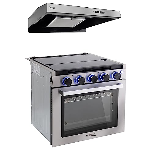 Image of RecPro RV Stove | Gas Range 21 inch Tall | 3 Burner | 1.8 Cu. Ft | 7100 BTU | Optional Vented Range Hood | Black or Silver Color Options (Silver, with Vented Range Hood)