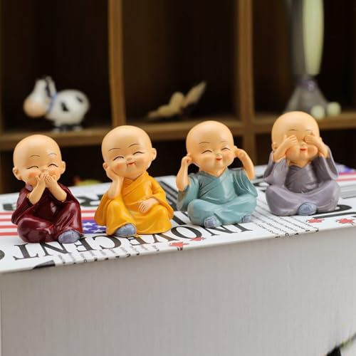 Image of Oblivion Buddha Monk Figurine Set - Multicolour Resin Decorative Showpiece with Traditional Straw Hats for Unique Gift, Home Decor, Indoor /Outdoor Garden, Car Dashboard (Buddha Without Cap)