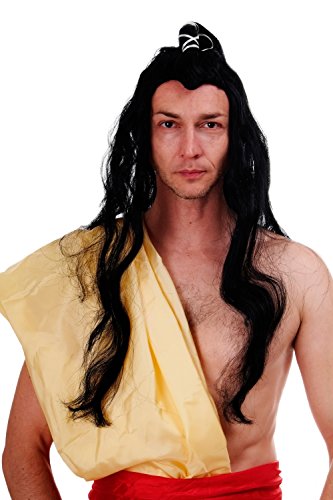 Wig ME UP - Perücke Karneval Fasching China Japan Kungfu Swordsman Samurai Ronin Wang Yu Langhaarig Zopf Schwarz - 140-PP103