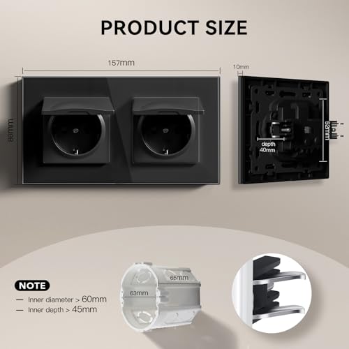 BSEED Steckdose mit Abdeckdung aus Glas, EU-Standard Wandsteckdose mit Krallen, Einbausteckdose, Einfach Montage, Neu E-Serie, 16A 250V, 157mm 2 Fach Schwarz