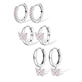 Diamday Juego de 3 pares de aretes de aro para mujeres y niñas, de plata de ley 925, bonitos aros de corazón para niños, circonita cúbica, mariposa, hipoalergénicos, para cartílago