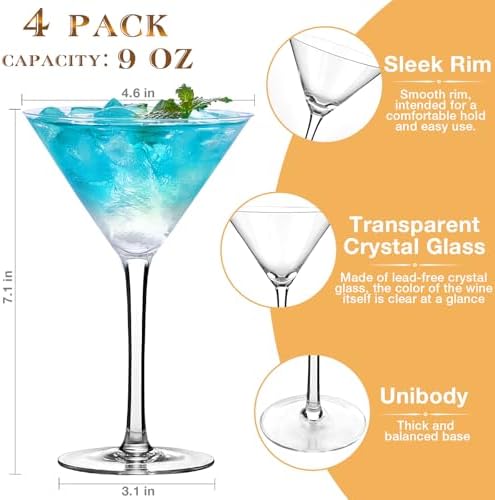 HEIP Martini Glasses Set of 4, 9 oz Crystal Cocktail Glasses, Hand Blown Crystal Martini Glasses for Espresso Martini, Cosmopolitan, Manhattan, Gimlet, Home Bar, Party, Martini Glassware Gift Set
