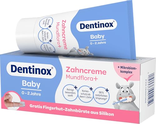 Dentinox Mundflora+ Baby Zahncreme 30ml Sanfter Kariesschutz ab dem 1. Zahn Kinderzahnpasta mit Mikrobiom-Komplex 1000 ppm Fluorid & Fruchtgeschmack Inklusive Gratis Silikon Fingerzahnbürste