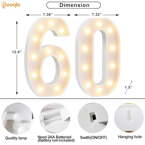 Image of Pooqla 60th Birthday Decorations for Women Men, Large 12.6 in Tall Light Up Numbers for Party Decorations Table Decor, Big Marquee Numbers 60th Birthday Gift for Women Men Wedding Anniversary Decor