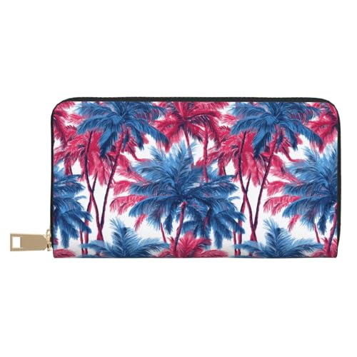 Leather Thin Slim Wallets for Women Men - Fashion Red Blue Hawaiian Palm Tree Print Card Wallet Holder with Zipper